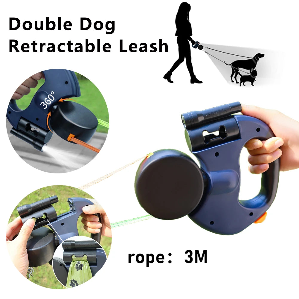 Auto Retractable Double-Ended Dog Leash 3m with LED Flashlight Waste Bag Box Roulette 360 Degree Dual Traction Rope Pet Supplies